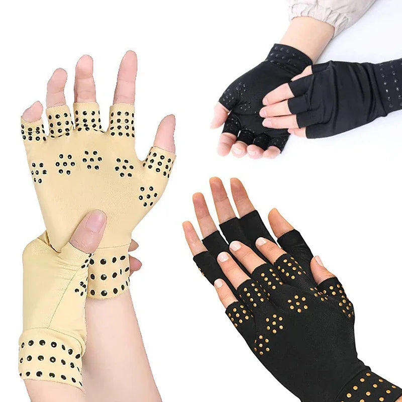 Multiple pairs of magnetic therapy gloves in black and beige for arthritis relief