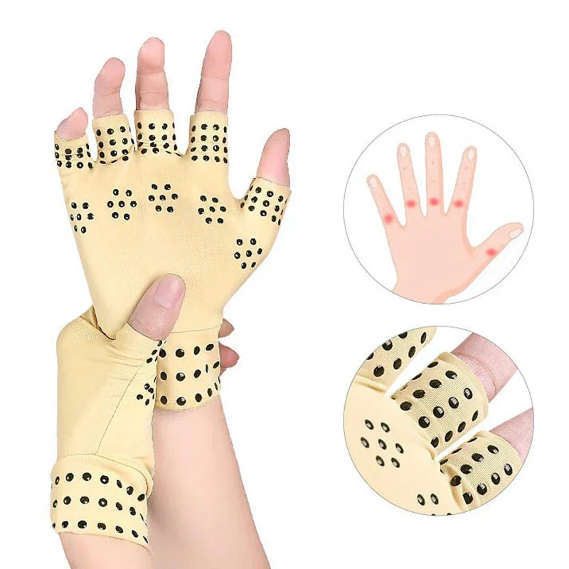 Close-up of beige magnetic therapy glove with pressure point dots on hand