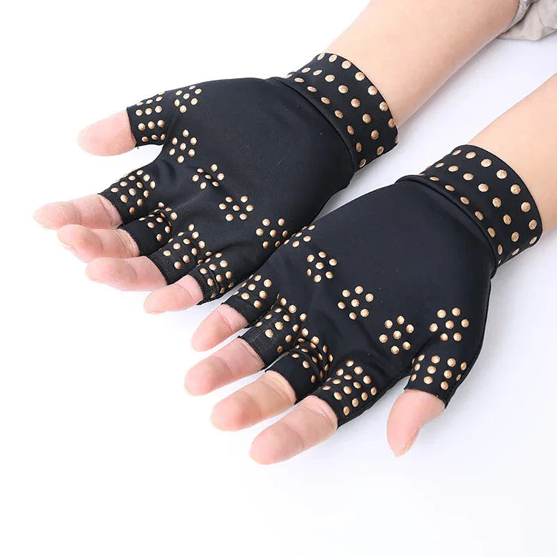 Beige magnetic compression gloves with therapeutic pressure points for arthritis
