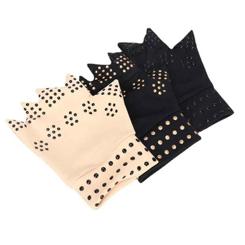 Comparison of black and beige arthritis compression gloves with magnetic therapy points