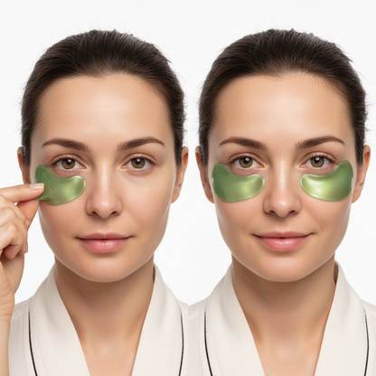 Woman wearing green hydrogel eye patches - at-home spa skincare routine - SmartUz Wellness