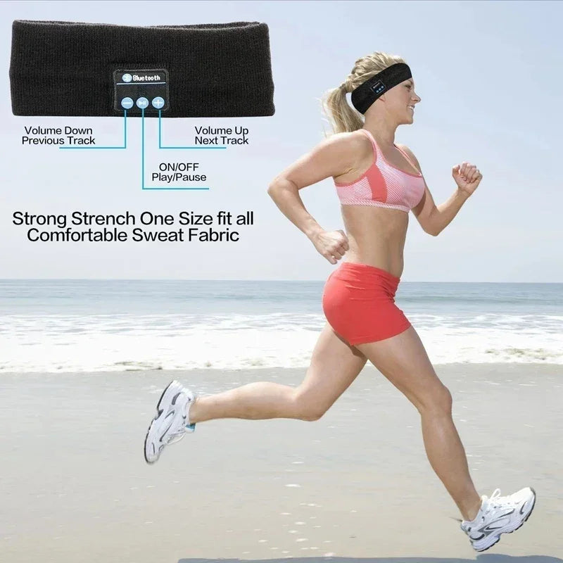 Woman running with wireless Bluetooth sports headband