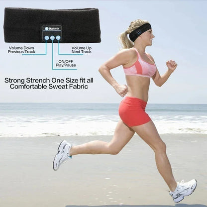 Woman running with wireless Bluetooth sports headband